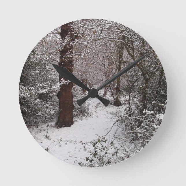 Snow Covered Ancient Woodland Round Clock (Front)