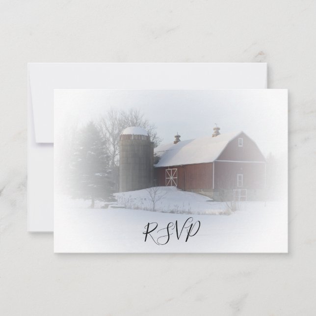 Snow Covered Barn and Silo Winter Wedding RSVP Card (Front)