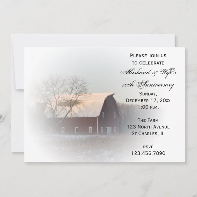 Snow Covered Barn Winter Anniversary Party Invite (Front)