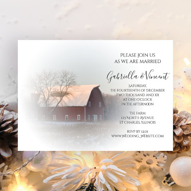 Snow Covered Barn Winter Country Farm Wedding Invitation (Creator Uploaded)