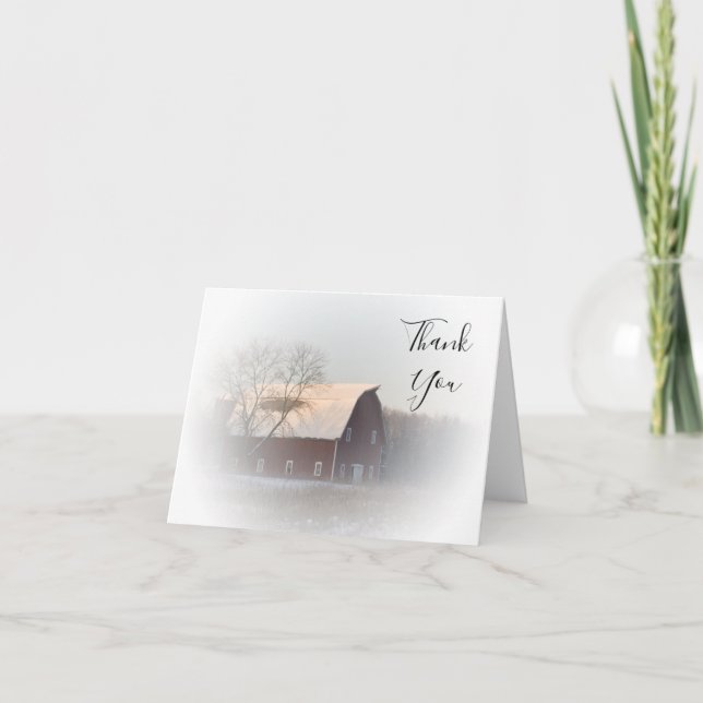 Snow Covered Barn Winter Country Thank You Card (Front)