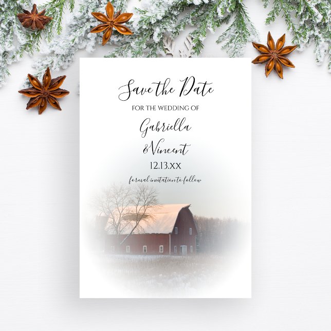 Snow Covered Barn Winter Wedding Save the Date Invitation (Creator Uploaded)