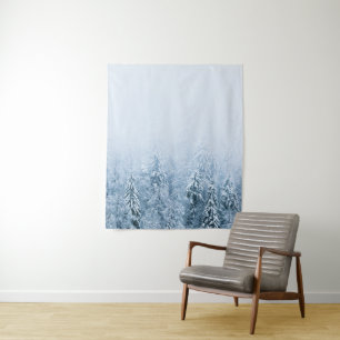 Snow covered beech spruce forest in fog tapestry