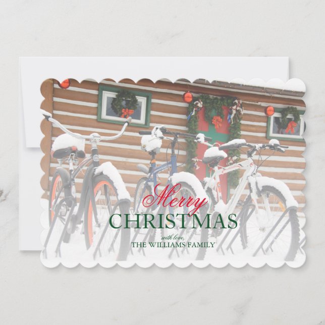 Snow-Covered Bicycles Near Festive Lodge Holiday Card (Front)
