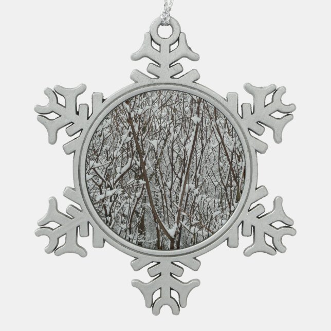 Snow Covered Branches Winter Abstract Snowflake Pewter Christmas Ornament (Front)