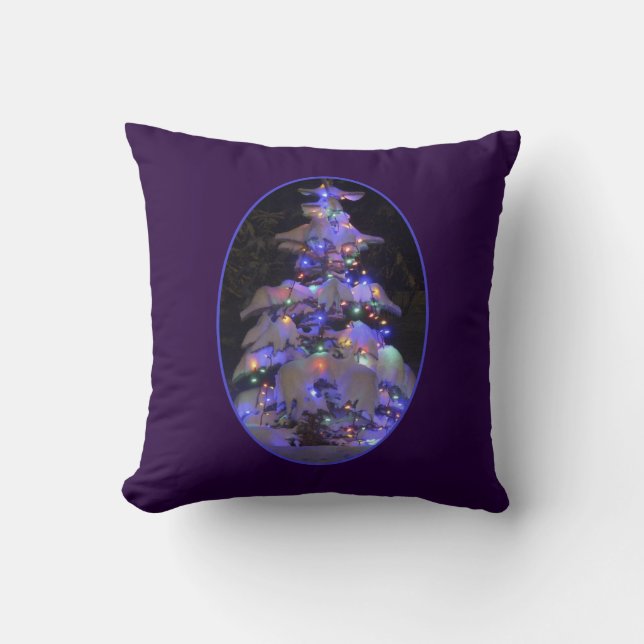 Snow Covered Brightly Lit Christmas Tree Cushion (Front)
