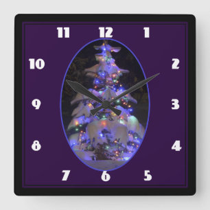 Snow Covered Brightly Lit Christmas Tree Square Wall Clock