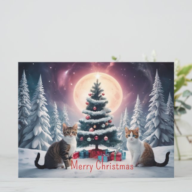 Snow Covered Christmas Tree with Cats (Standing Front)