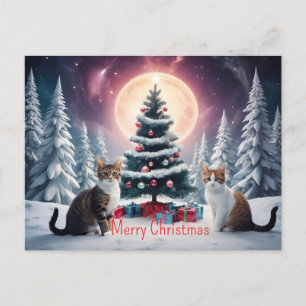 Snow Covered Christmas Tree with Cats Postcard