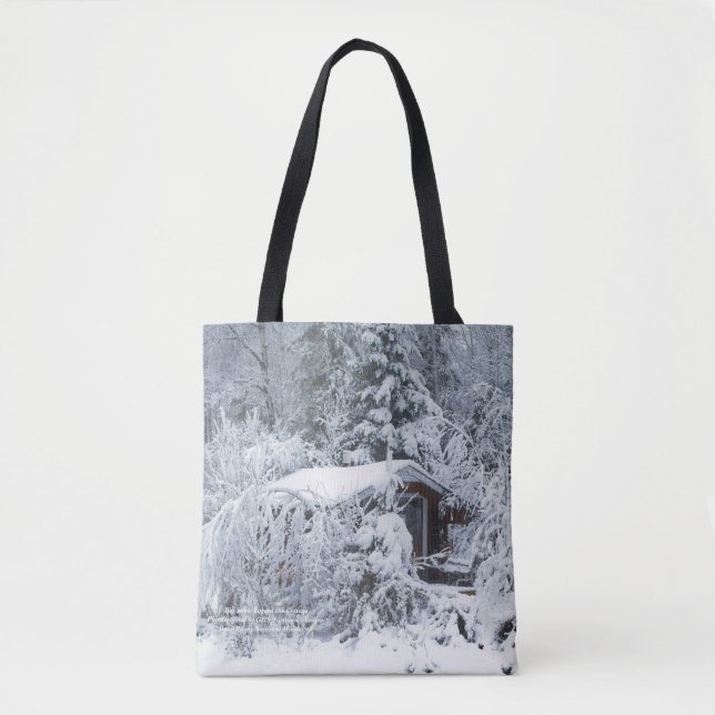 Snow Covered Cottage in the Gardens Tote Bag (Front)