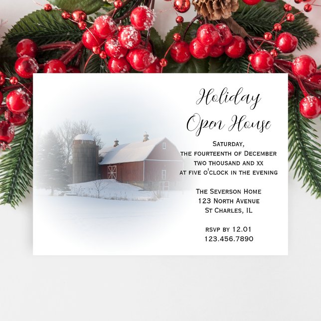 Snow Covered Country Barn Holiday Open House Party Invitation (Creator Uploaded)