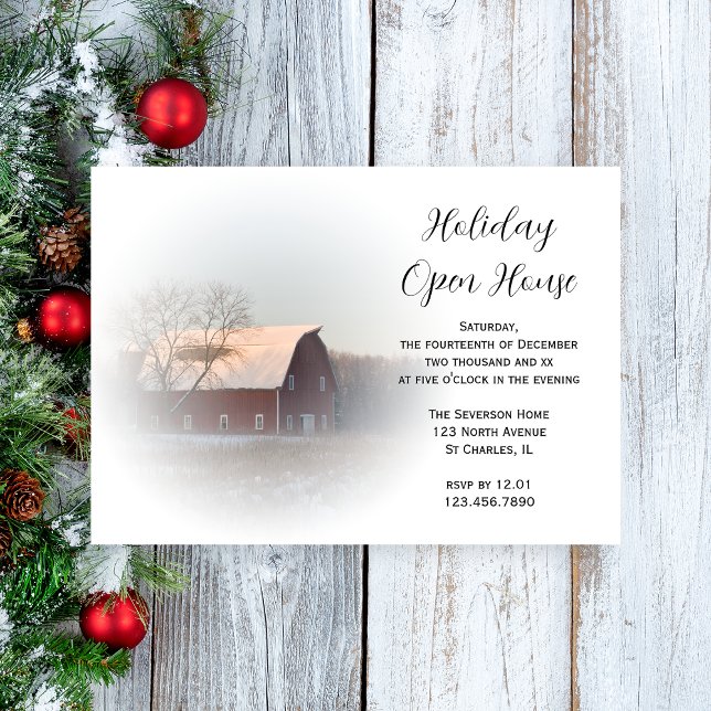 Snow Covered Country Barn Holiday Open House Party Invitation (Creator Uploaded)