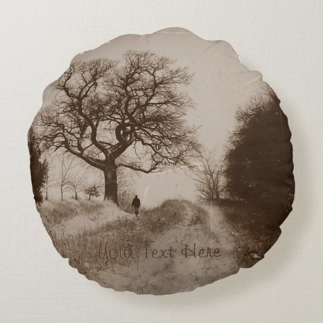 snow covered country lane scenic atmospheric photo round cushion (Back)