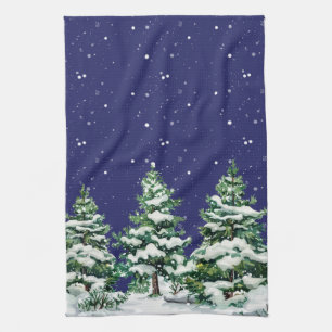 Snow Covered Evergreen Trees with Snow Falling Tea Towel