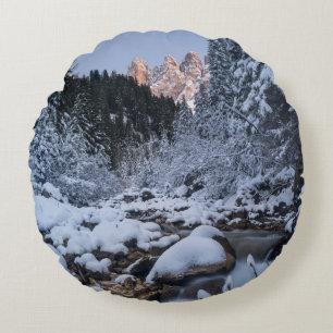 Snow-covered Geisler Mountain Range Round Cushion