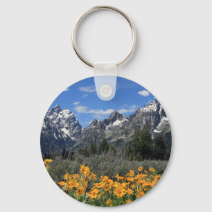 Snow Covered Grand Teton Range with Yellow Flowers Key Ring
