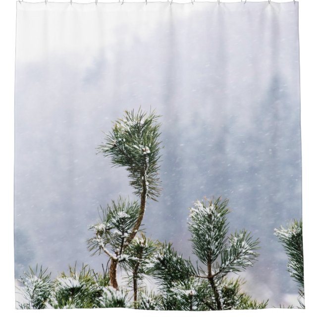 SNOW COVERED GREEN LEAF TREE SHOWER CURTAIN (Front)