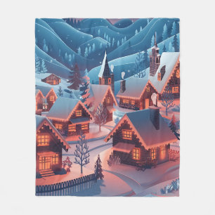 Snow-Covered Houses with Christmas Lights Fleece Blanket