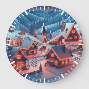 Snow-Covered Houses with Christmas Lights Large Clock