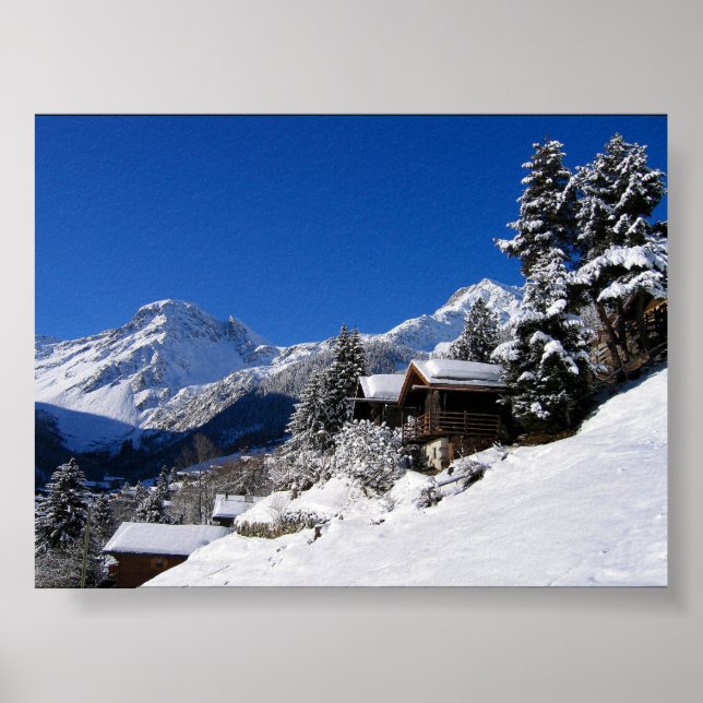 Snow-covered log cabins in Switzerland Poster (Front)