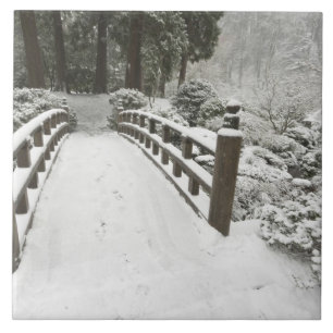 Snow-covered moon bridge, Japanese Garden Tile
