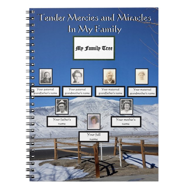 Snow-Covered Mountain Family Tree Mercies Miracles Notebook (Front)