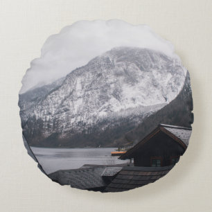 SNOW-COVERED MOUNTAIN NEAR BODY OF WATER ROUND CUSHION