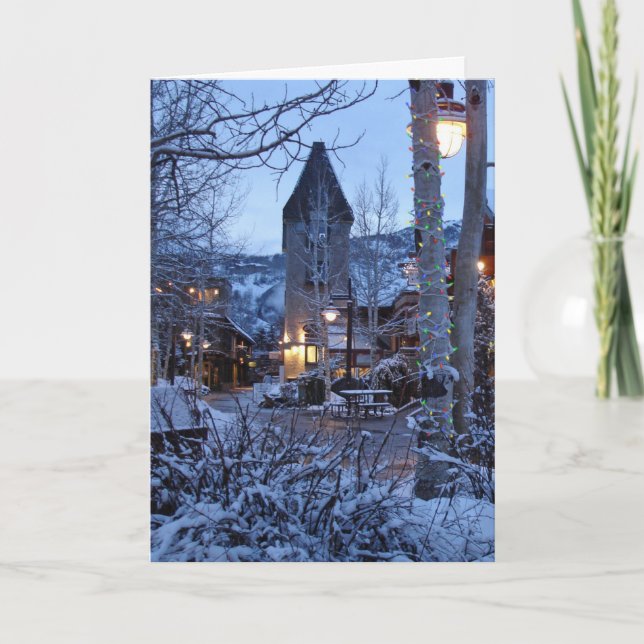 Snow-Covered Mountain Town Holiday Card (Front)