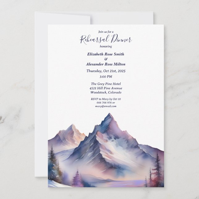 Snow covered mountains landscape Rehearsal Dinner  Invitation (Front)