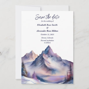 Snow covered mountains landscape wedding save the date