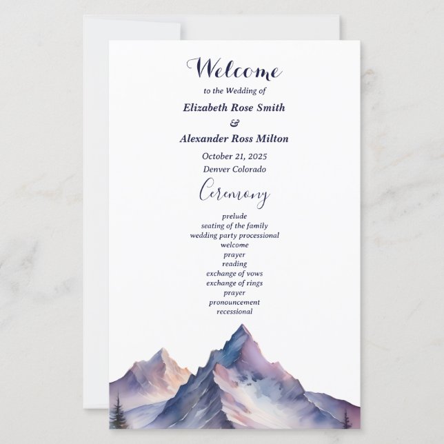 Snow covered mountains wedding program (Front)