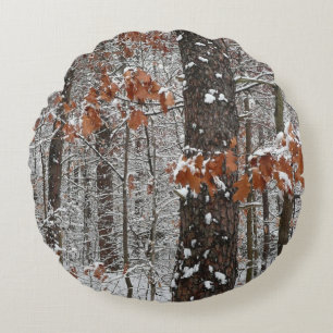 Snow Covered Oak Trees Winter Nature Photography Round Cushion