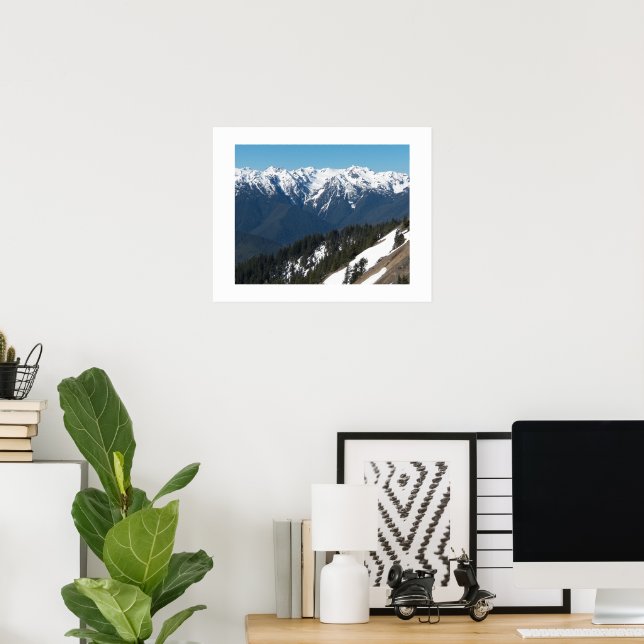 Snow Covered Olympic Mountains Landscape Poster (Home Office)