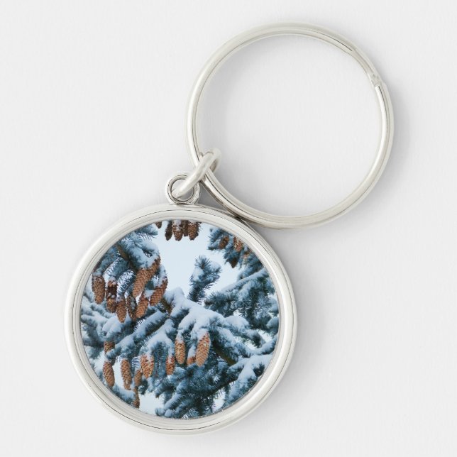 Snow Covered Pine Boughs and Cones Key Ring (Front)