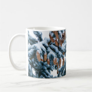 Snow Covered Pine Boughs, Needles and Cones Coffee Mug