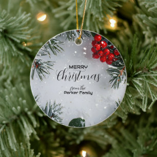 Snow-Covered Pine, Holly Berries, Non Photo Ceramic Ornament