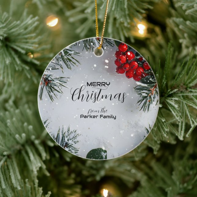 Snow-Covered Pine, Holly Berries, Non Photo Ceramic Ornament (Tree)