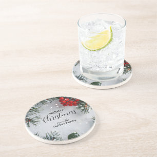 Snow-Covered Pine, Holly Berries, Non Photo Coaster