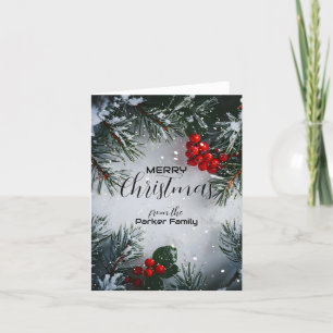 Snow-Covered Pine, Holly Berries, Non Photo Holiday Card