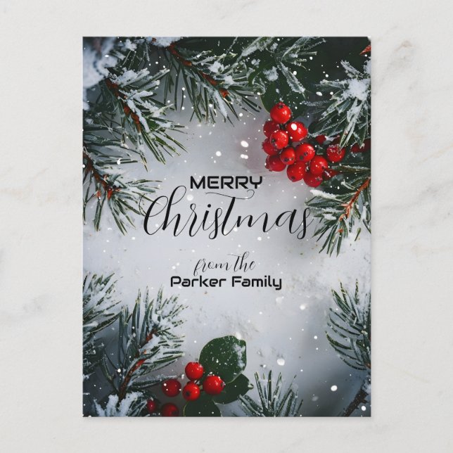 Snow-Covered Pine, Holly Berries, Non Photo Holiday Postcard (Front)