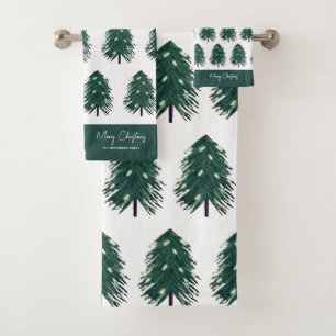 Snow Covered Pine Trees Christmas Family Monogram Bath Towel Set