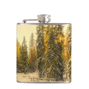 Snow Covered Pine Trees Forest Nature Photo Hip Flask