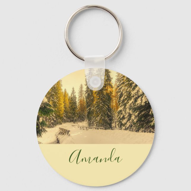 Snow Covered Pine Trees Forest Nature Photo Key Ring (Front)