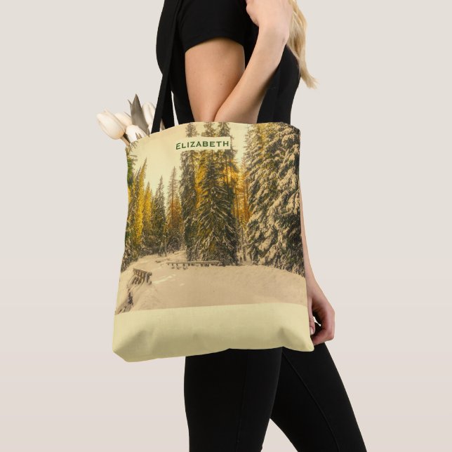 Snow Covered Pine Trees Forest Nature Photo Tote Bag (Close Up)