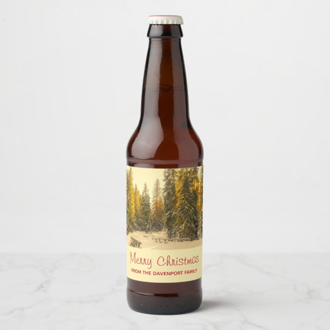 Snow Covered Pine Trees Forest Photo Christmas Beer Bottle Label (Front)