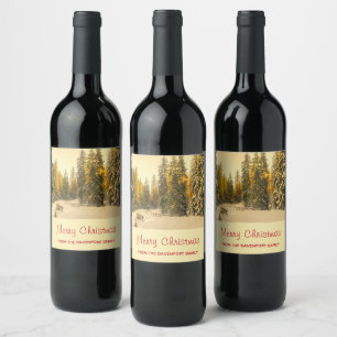 Snow Covered Pine Trees Forest Photo Christmas Wine Label