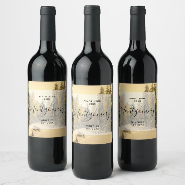  Snow Covered Pine Trees Forest Photo Wine Making Wine Label (Bottles)