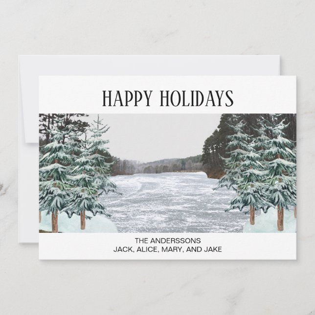 Snow Covered Pine Trees Icy Lake Happy Holidays Holiday Card (Front)