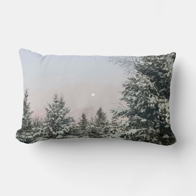 Snow Covered Pine Trees Moon Sunset Lumbar Cushion (Front)