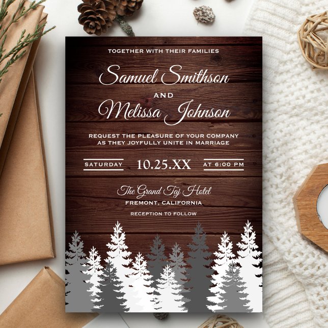 Snow Covered Pine Trees Rustic Wood Wedding Invite (Creator Uploaded)